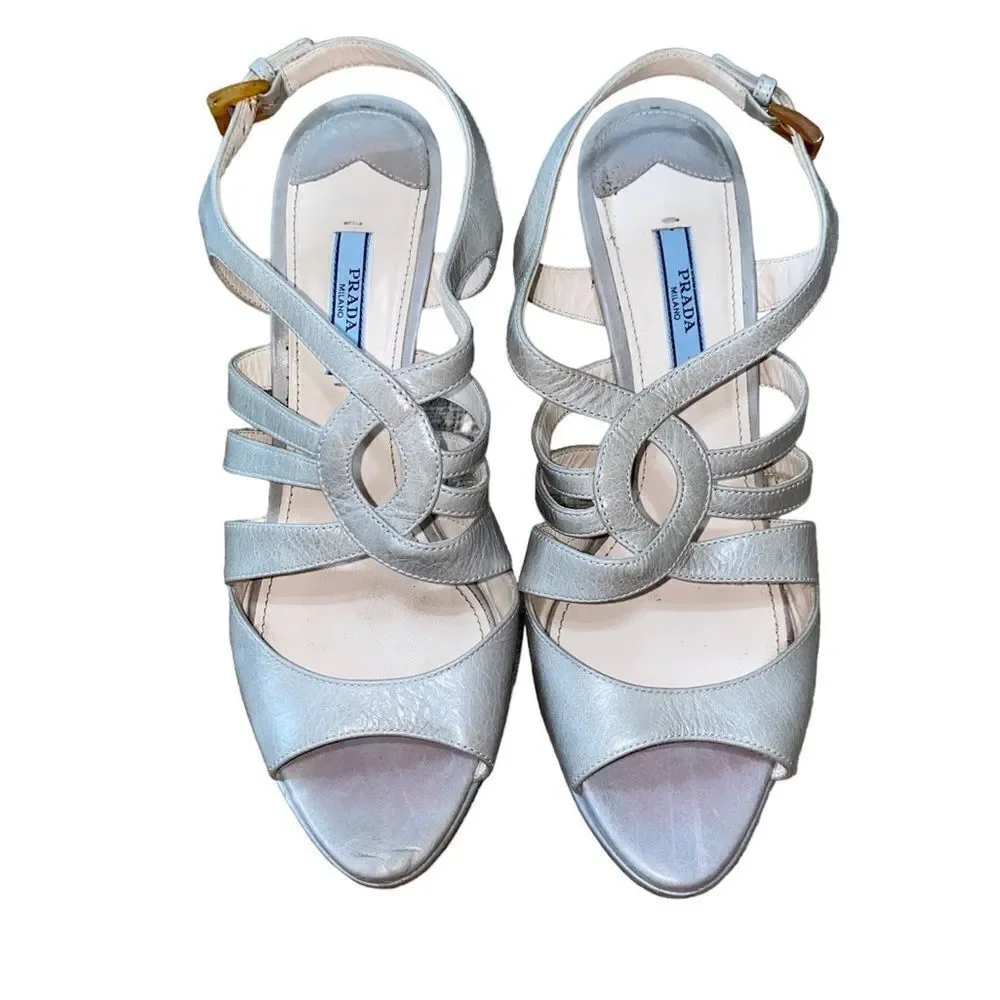 Prada Sandals Beige Gray Leather T-Strap Platform Heel Size 39.5 / US 9